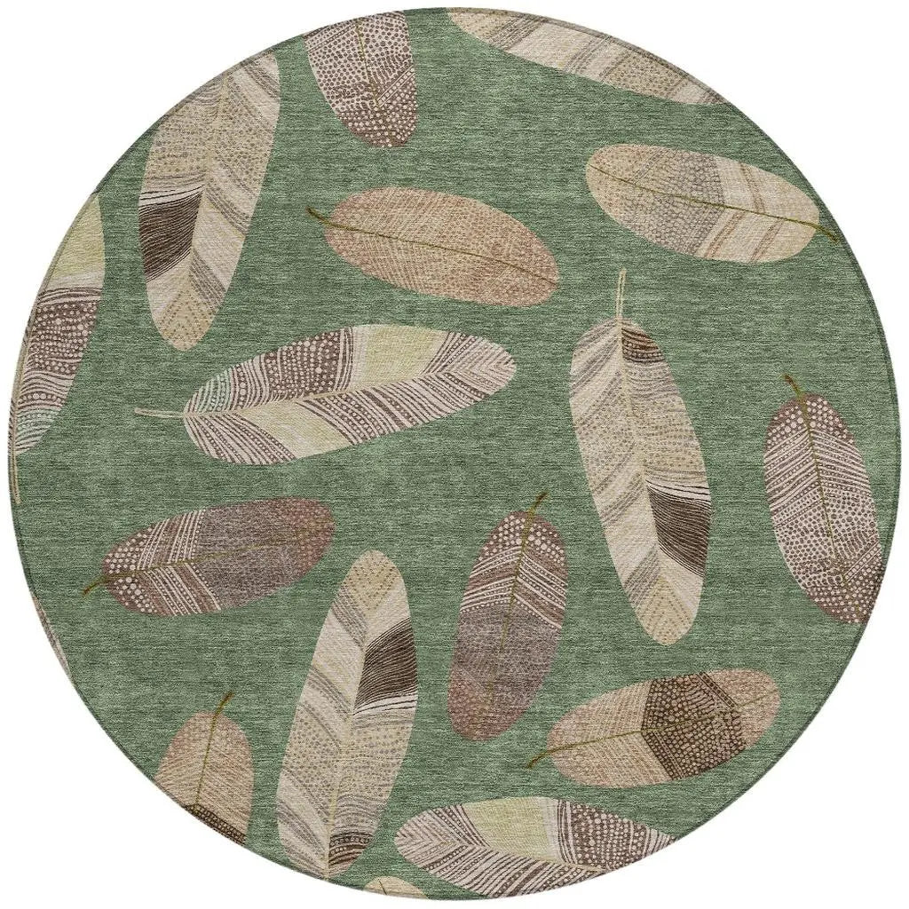 8' Green And Ivory Round Botanical Leaves Washable Indoor Outdoor Area Rug Homeroots Outdoor