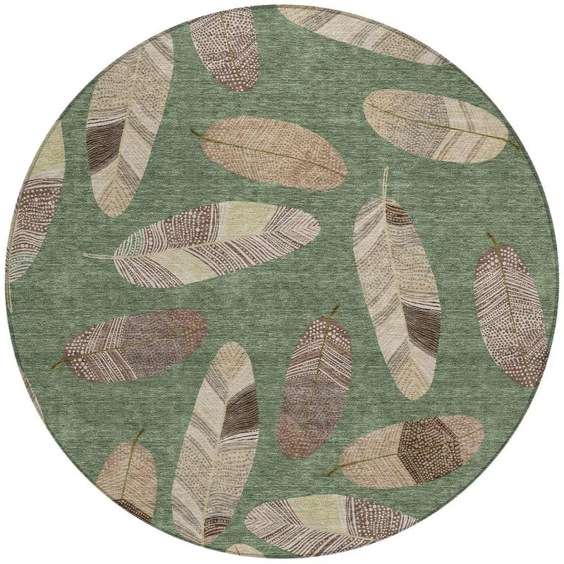 8' Green And Ivory Round Botanical Leaves Washable Indoor Outdoor Area Rug Homeroots Outdoor