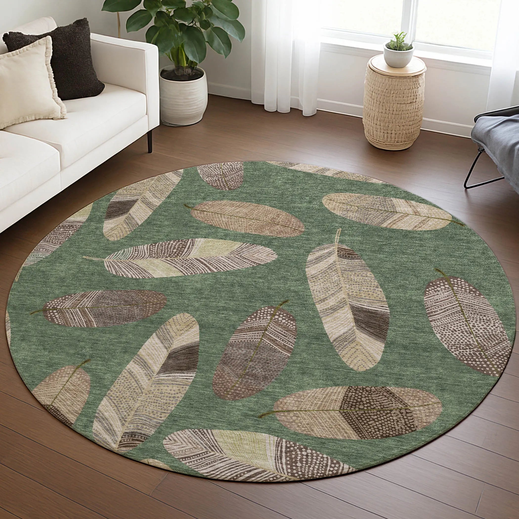 8' Green And Ivory Round Botanical Leaves Washable Indoor Outdoor Area Rug Homeroots Outdoor