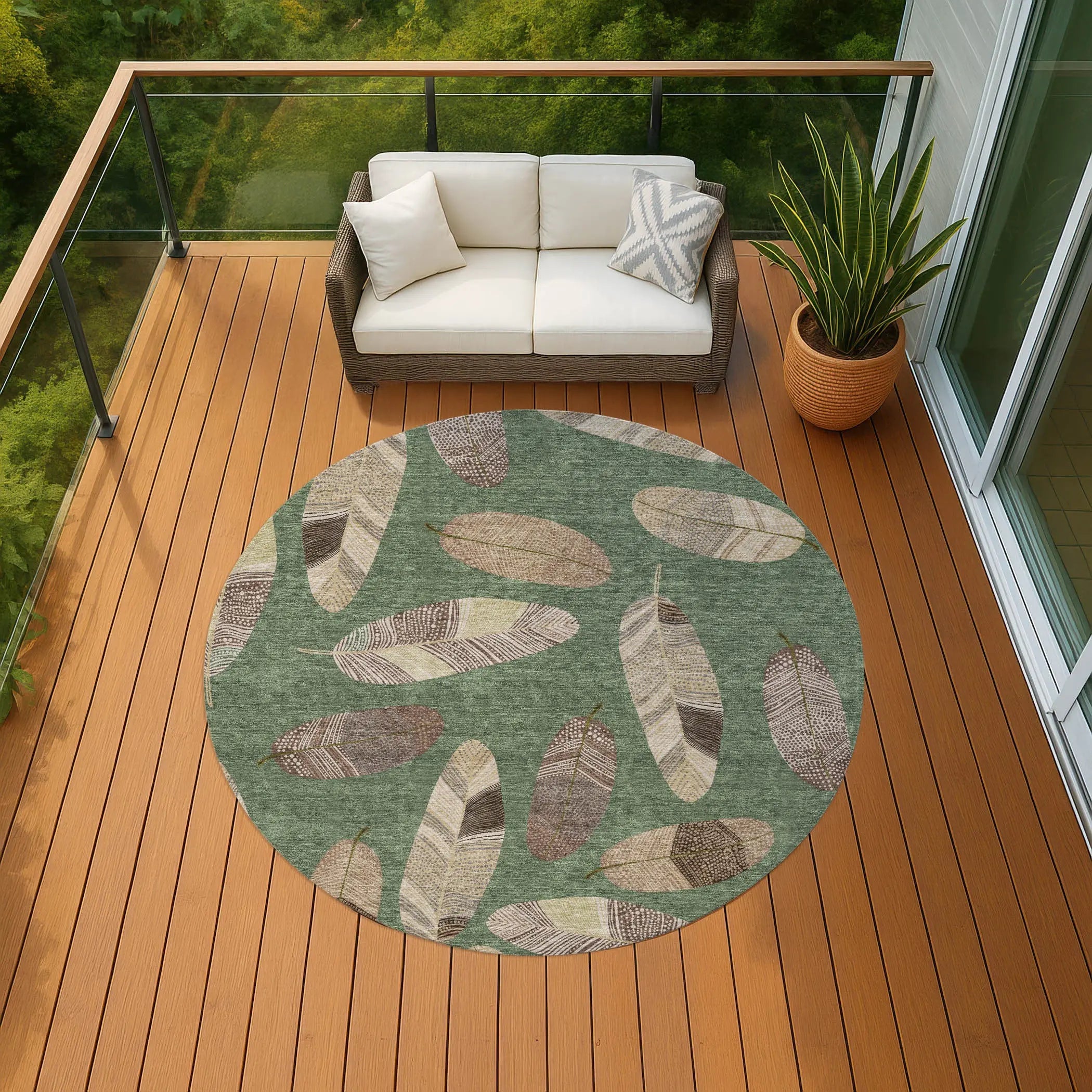 8' Green And Ivory Round Botanical Leaves Washable Indoor Outdoor Area Rug Homeroots Outdoor