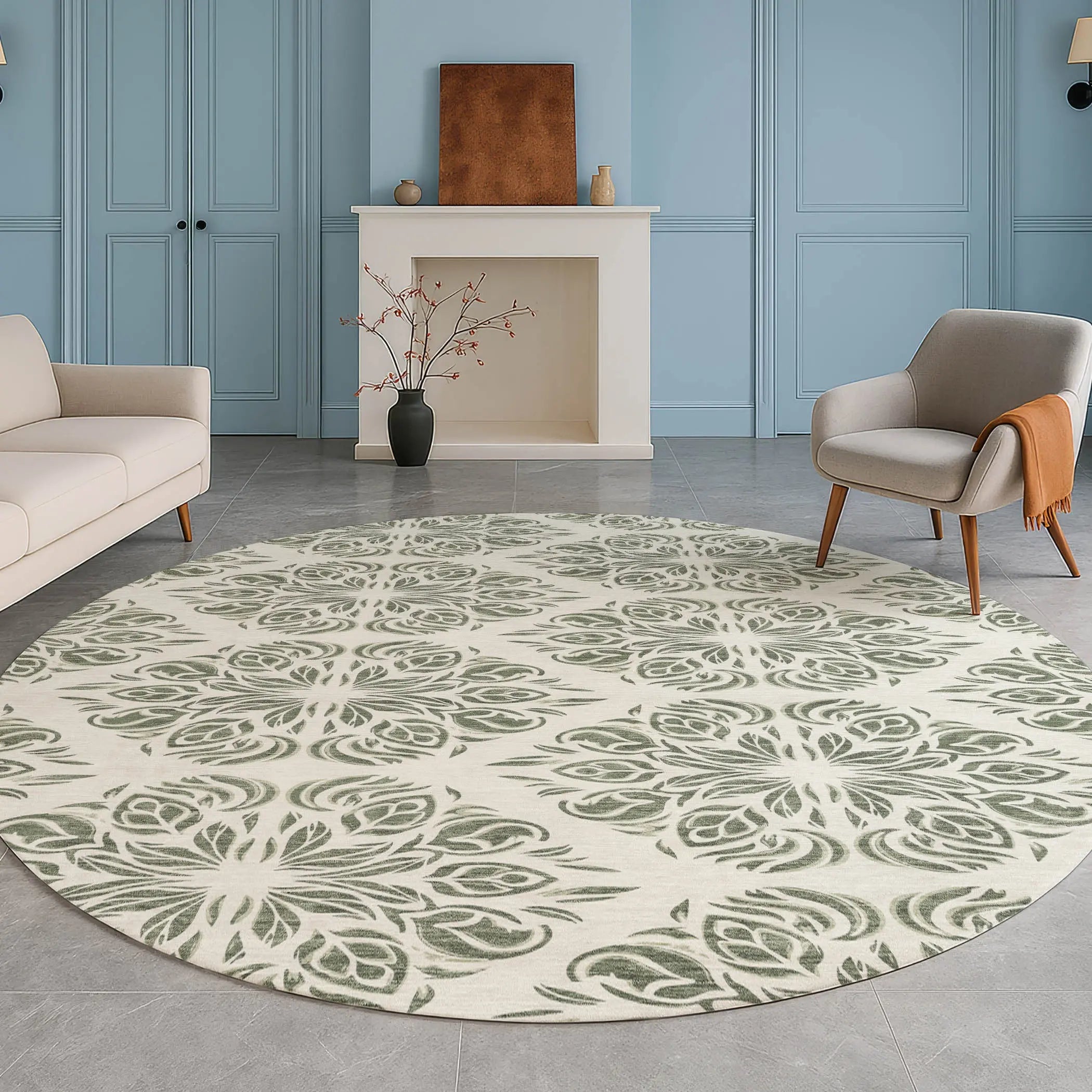 8' Green And Ivory Round Damask Washable Indoor Outdoor Area Rug Homeroots Outdoor