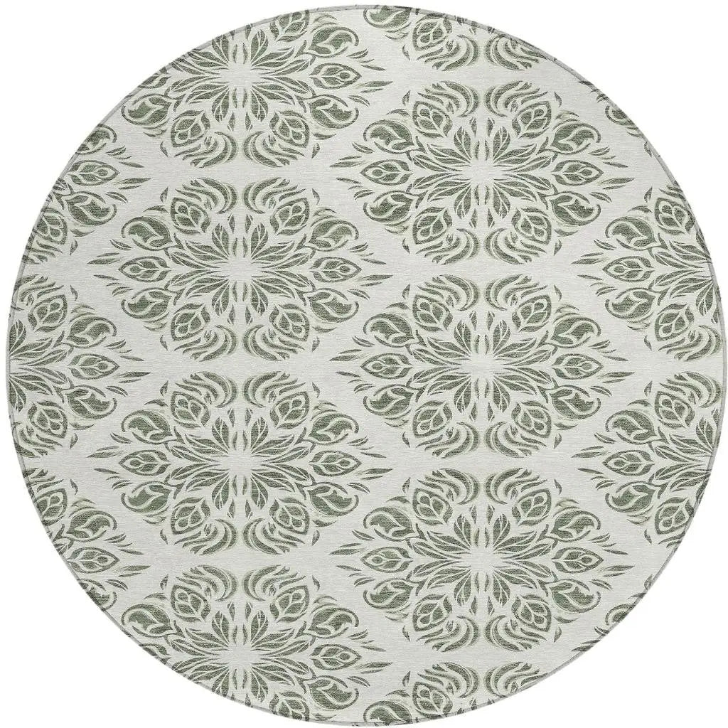 8' Green And Ivory Round Damask Washable Indoor Outdoor Area Rug Homeroots Outdoor
