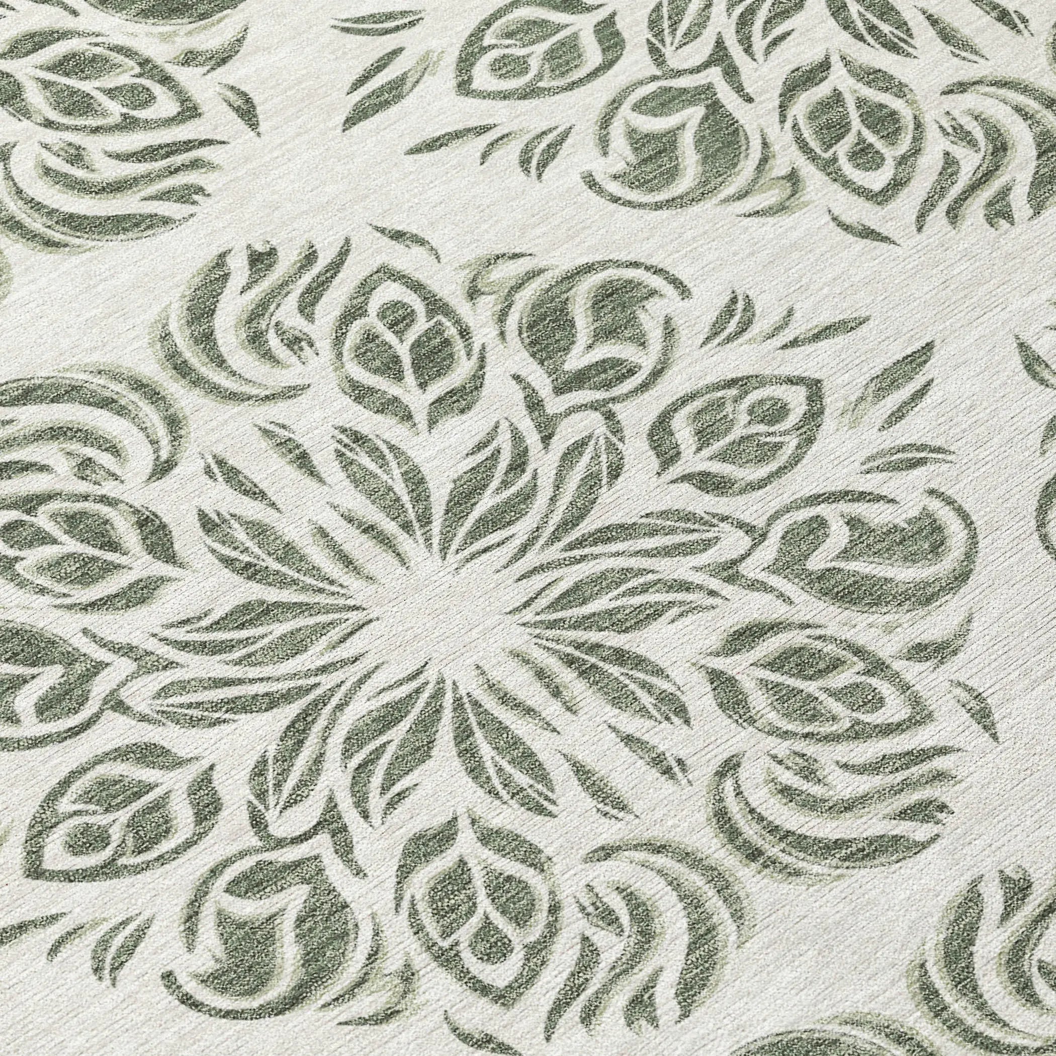 8' Green And Ivory Round Damask Washable Indoor Outdoor Area Rug Homeroots Outdoor