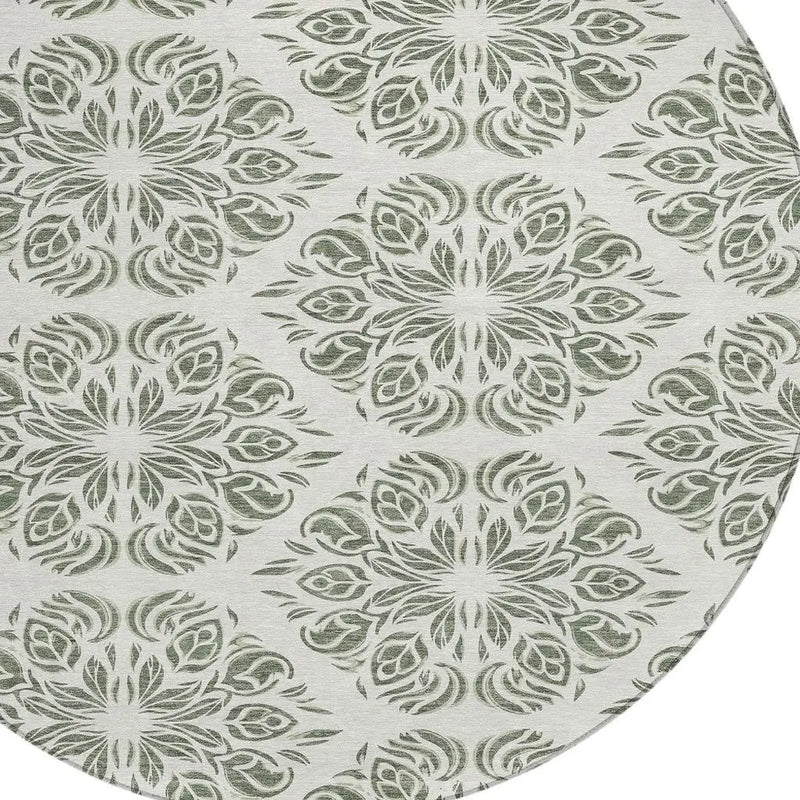 8' Green And Ivory Round Damask Washable Indoor Outdoor Area Rug Homeroots Outdoor