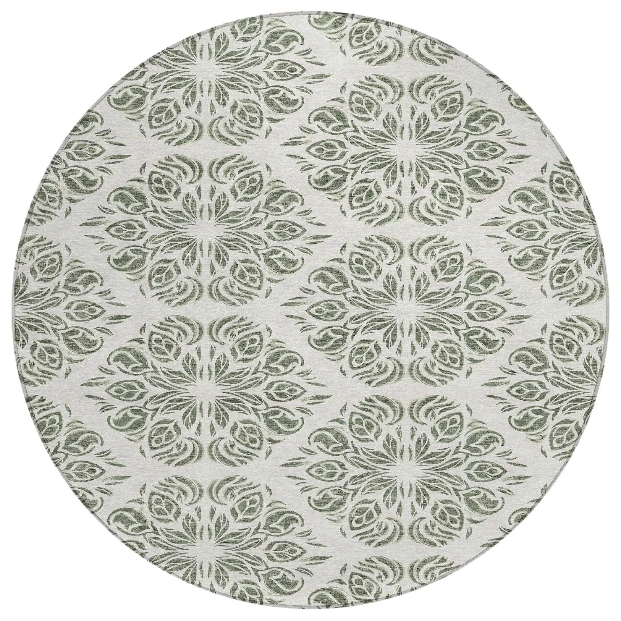 8' Green And Ivory Round Damask Washable Indoor Outdoor Area Rug Homeroots Outdoor