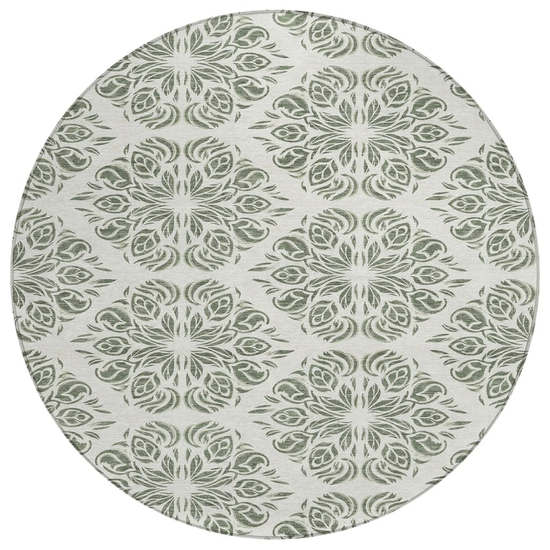8' Green And Ivory Round Damask Washable Indoor Outdoor Area Rug Homeroots Outdoor
