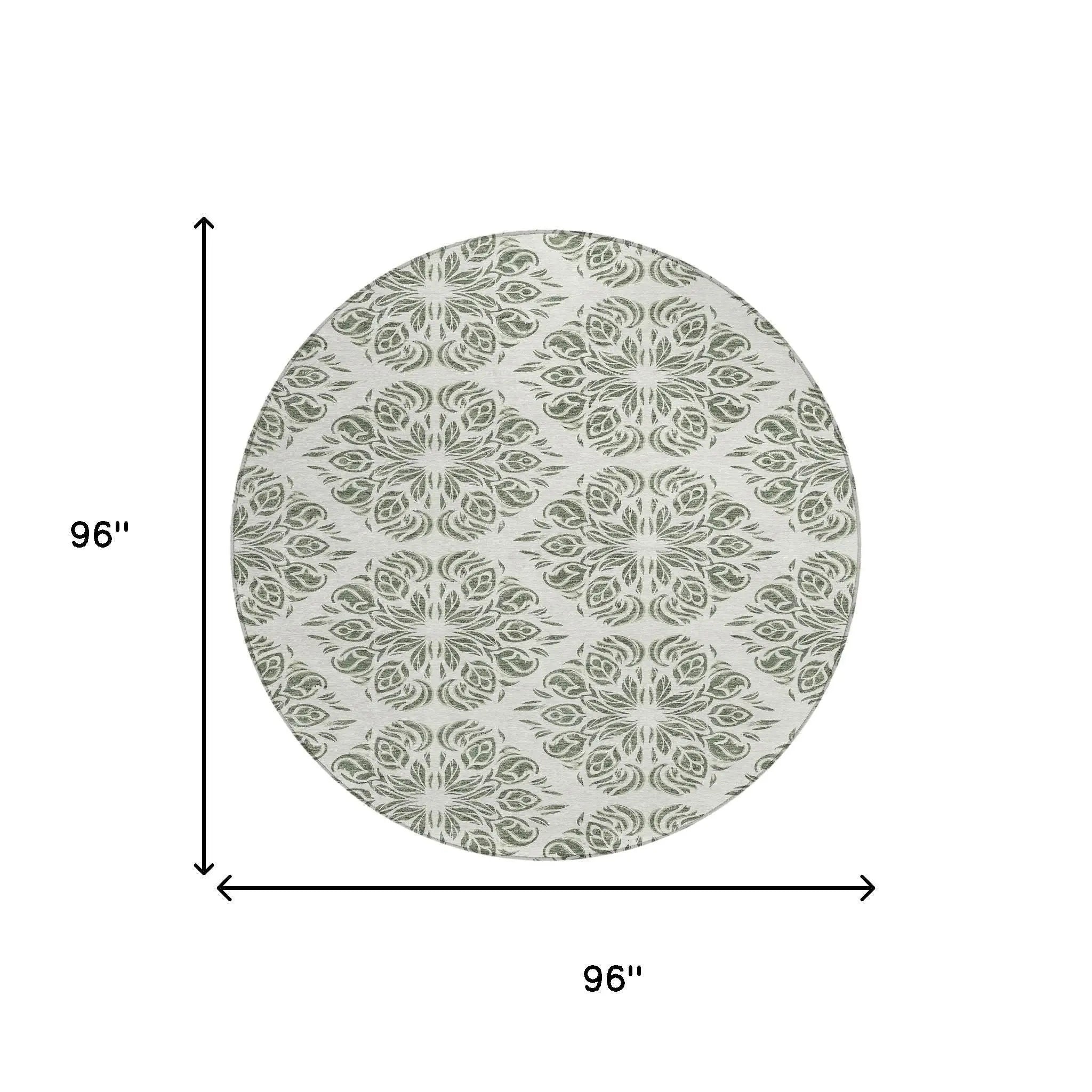 8' Green And Ivory Round Damask Washable Indoor Outdoor Area Rug Homeroots Outdoor