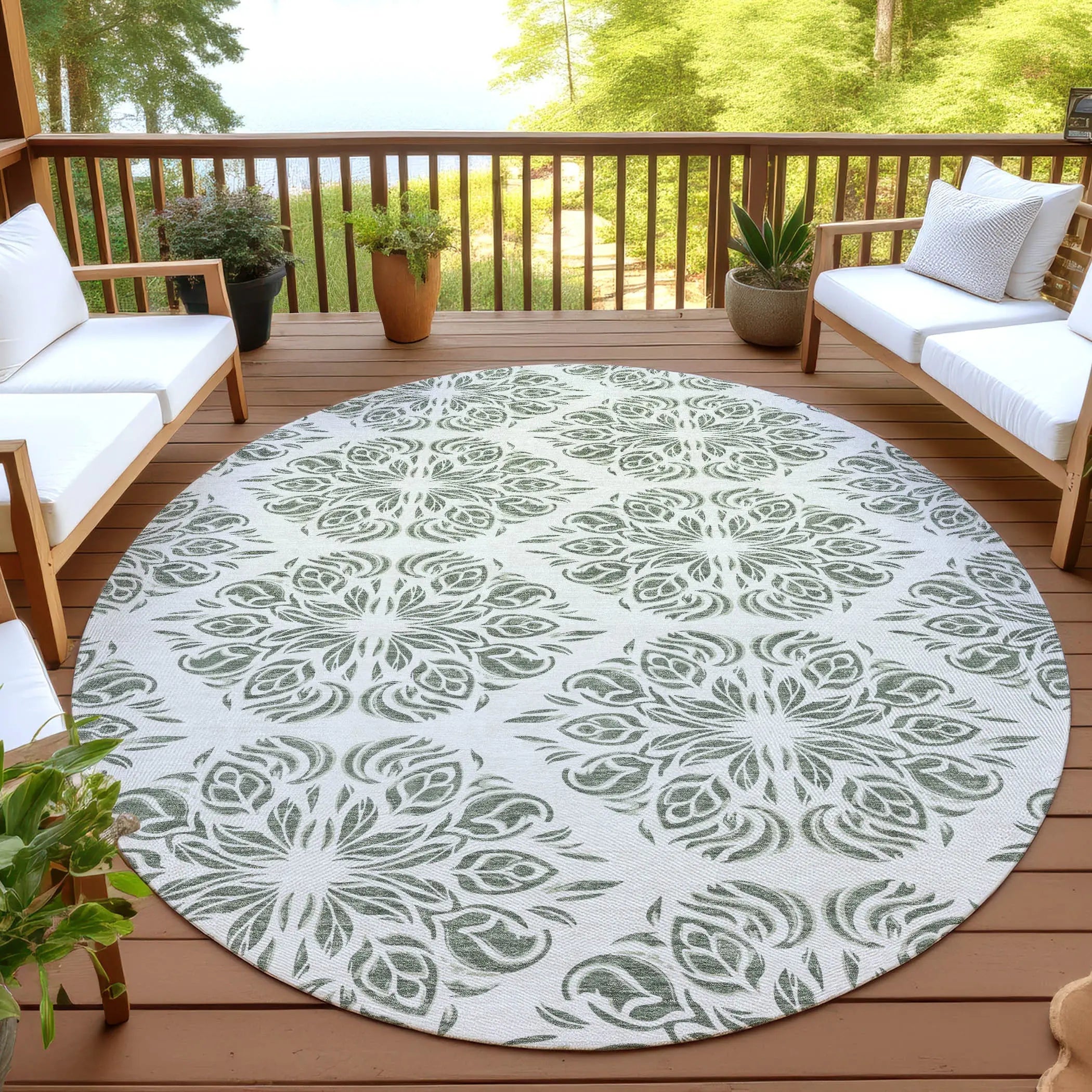 8' Green And Ivory Round Damask Washable Indoor Outdoor Area Rug Homeroots Outdoor