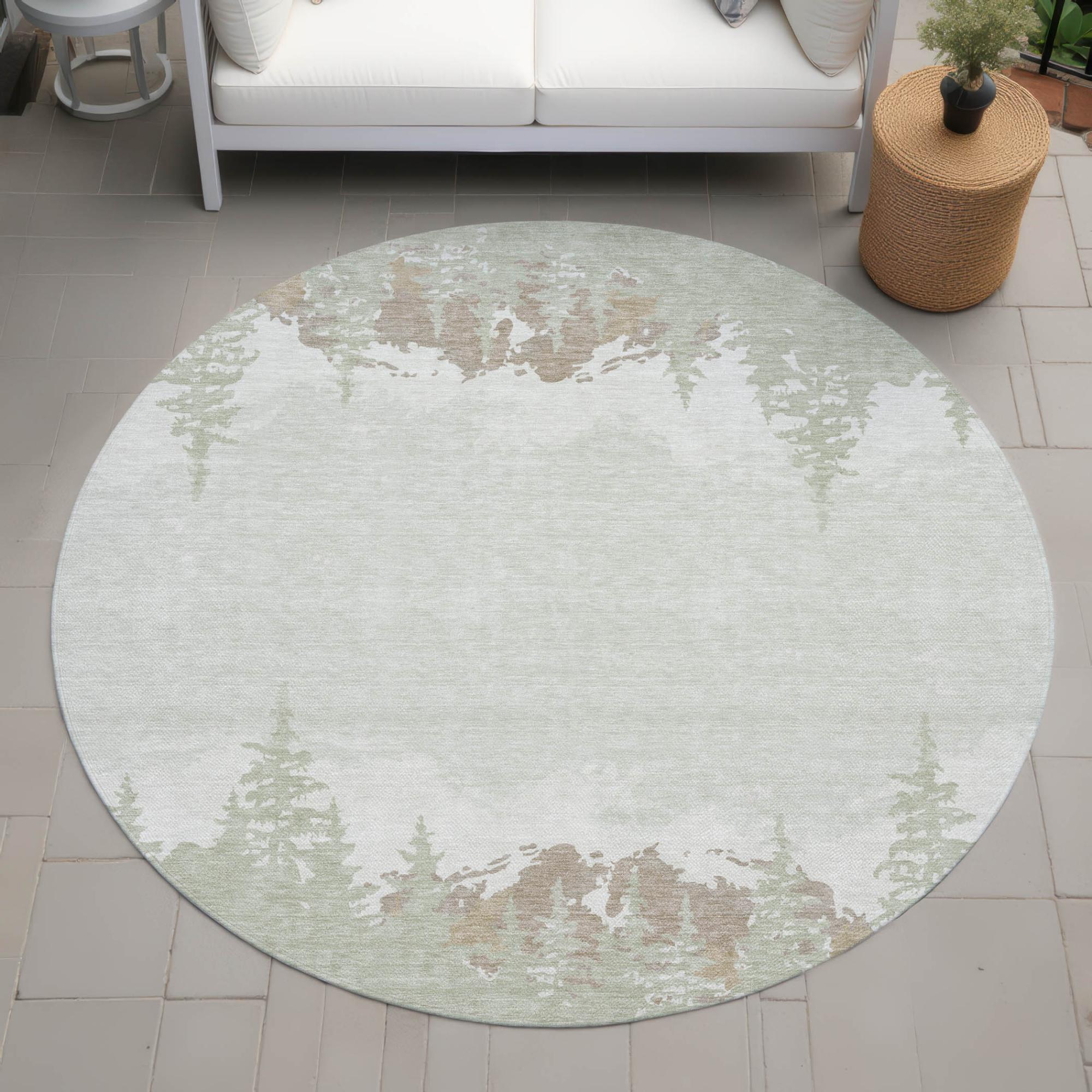 8' Green And Ivory Round Floral Washable Indoor Outdoor Area Rug Homeroots Outdoor