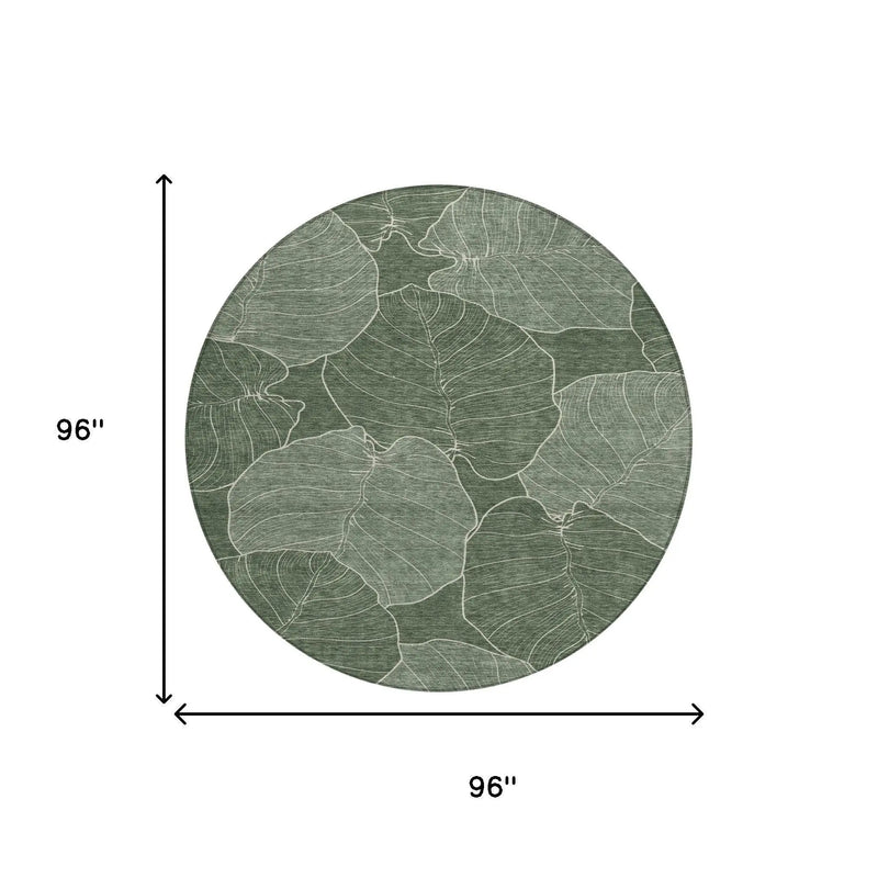 Round green leaf-patterned rug, 96 inches, durable material, modern style for stylish home decor.
