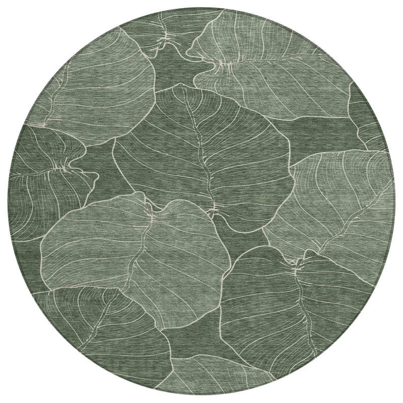 Round green area rug with white leaf patterns, made of soft, durable fibers, perfect for modern home decor.