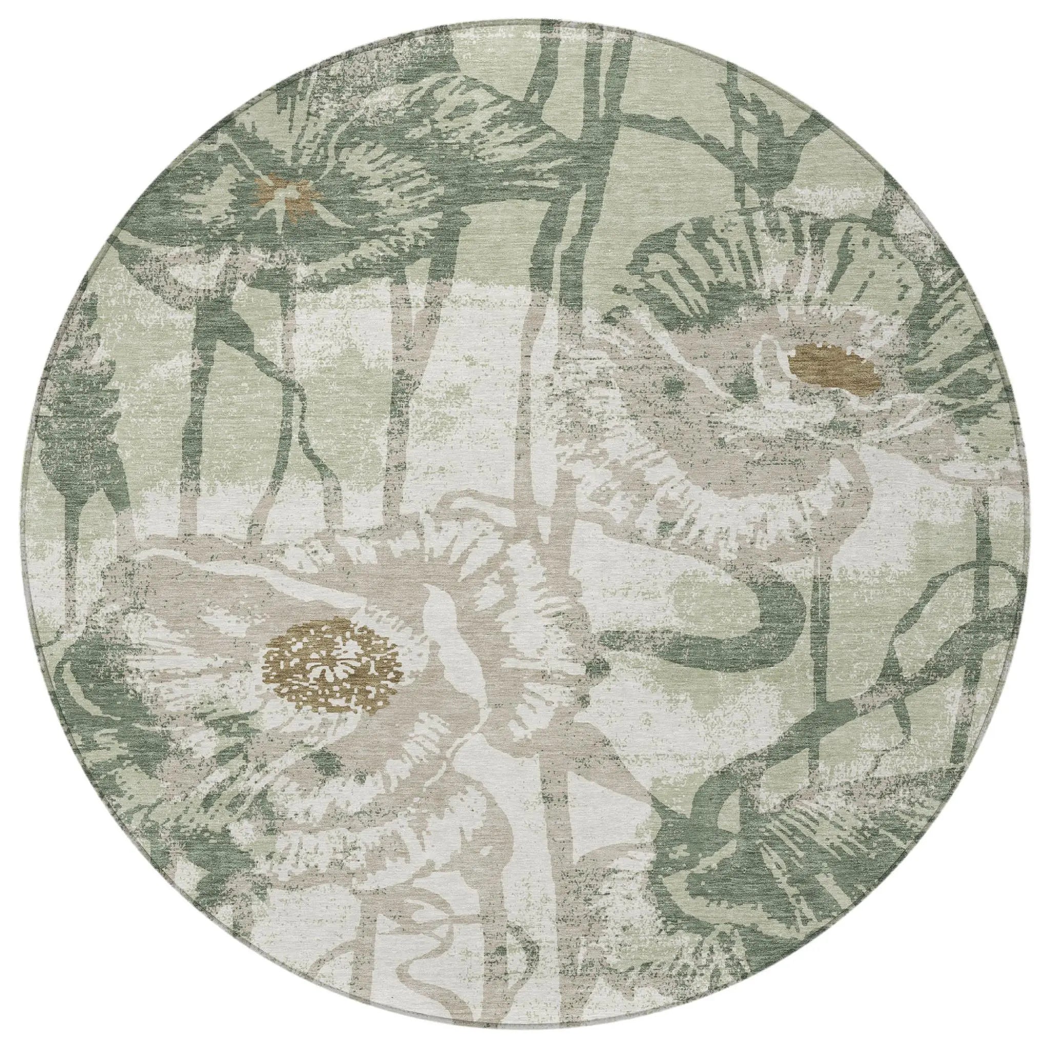 8' Green And Ivory Round Floral Washable Indoor Outdoor Area Rug Homeroots Outdoor