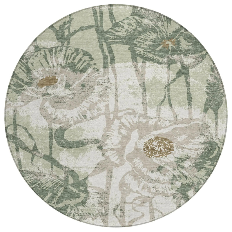 8' Green And Ivory Round Floral Washable Indoor Outdoor Area Rug Homeroots Outdoor