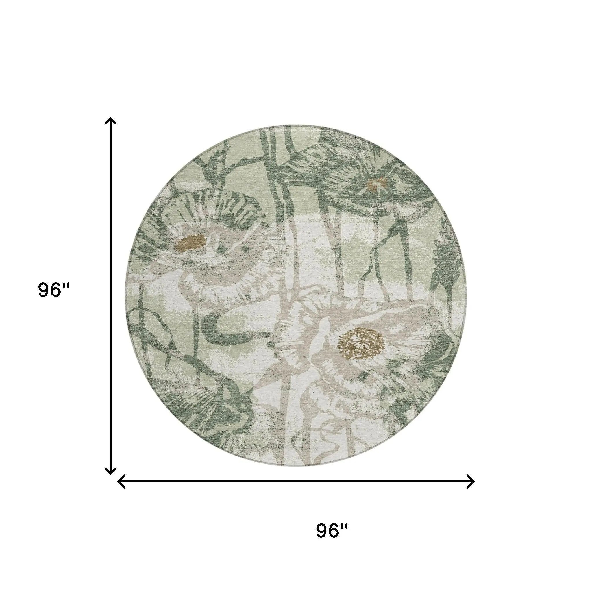 8' Green And Ivory Round Floral Washable Indoor Outdoor Area Rug Homeroots Outdoor