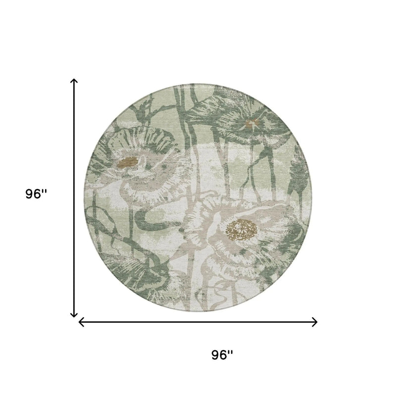 8' Green And Ivory Round Floral Washable Indoor Outdoor Area Rug Homeroots Outdoor