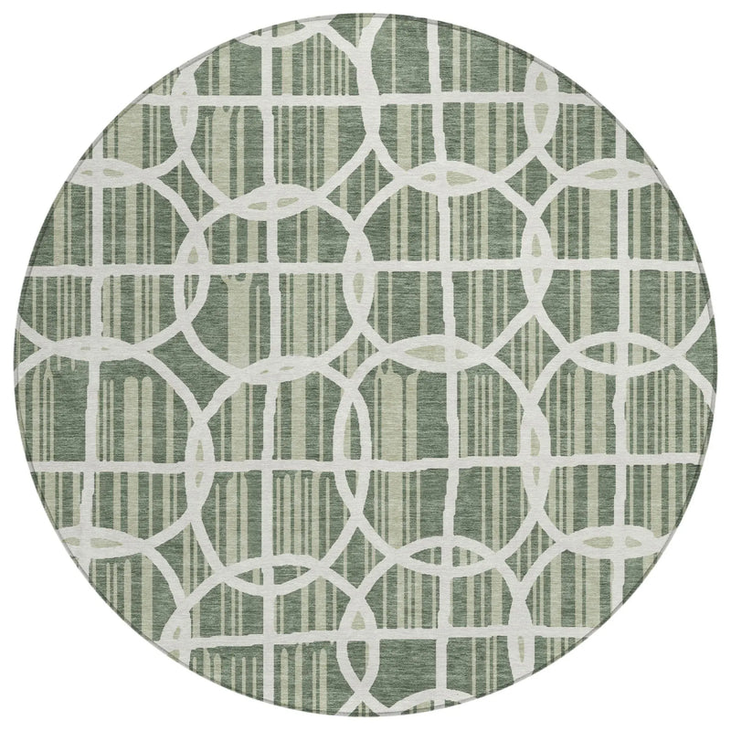8' Green And Ivory Round Geometric Washable Indoor Outdoor Area Rug Homeroots Outdoor