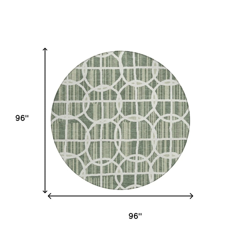 8' Green And Ivory Round Geometric Washable Indoor Outdoor Area Rug Homeroots Outdoor