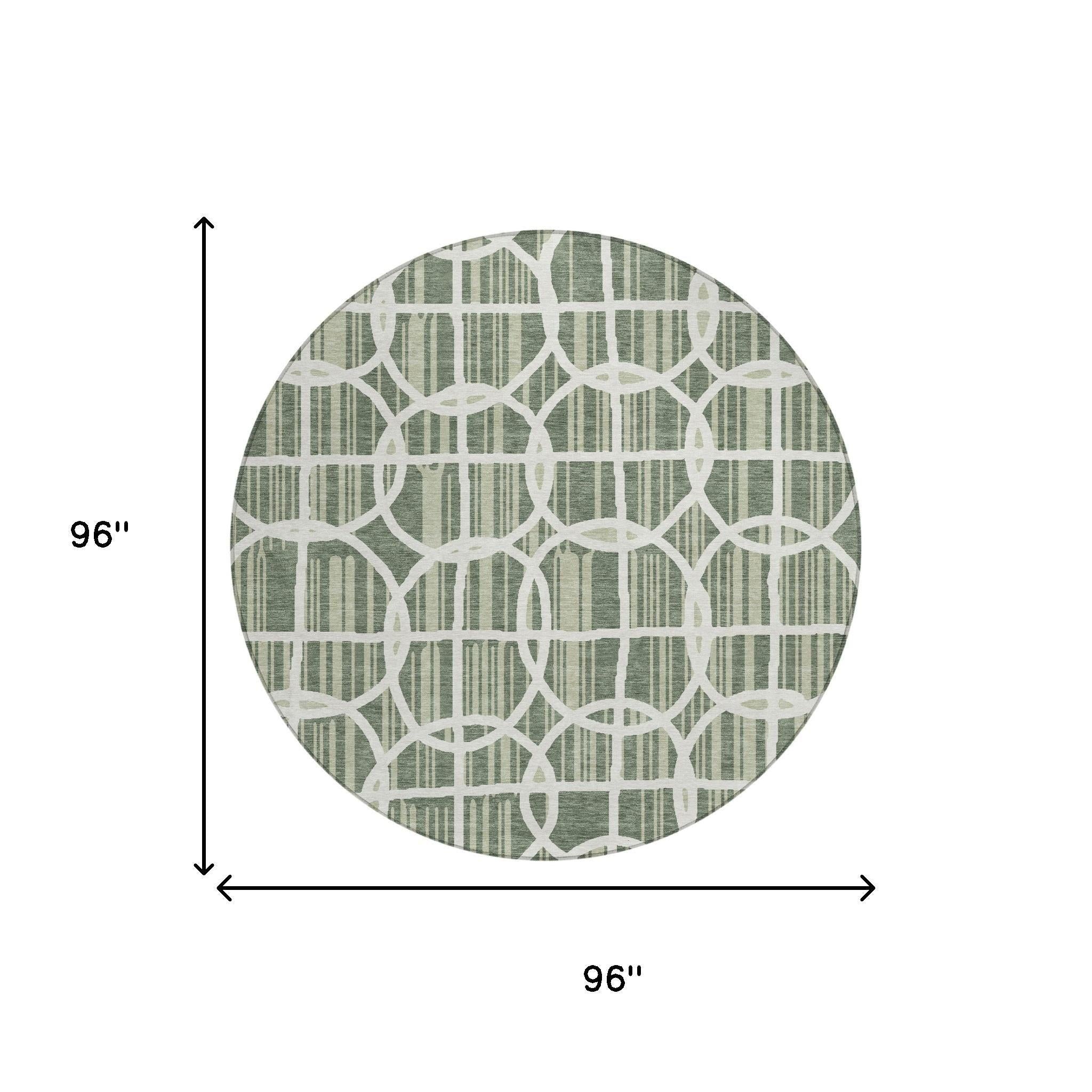8' Green And Ivory Round Geometric Washable Indoor Outdoor Area Rug Homeroots Outdoor
