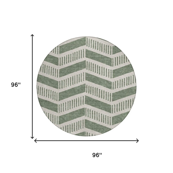 8' Green And Ivory Round Geometric Washable Indoor Outdoor Area Rug Homeroots Outdoor