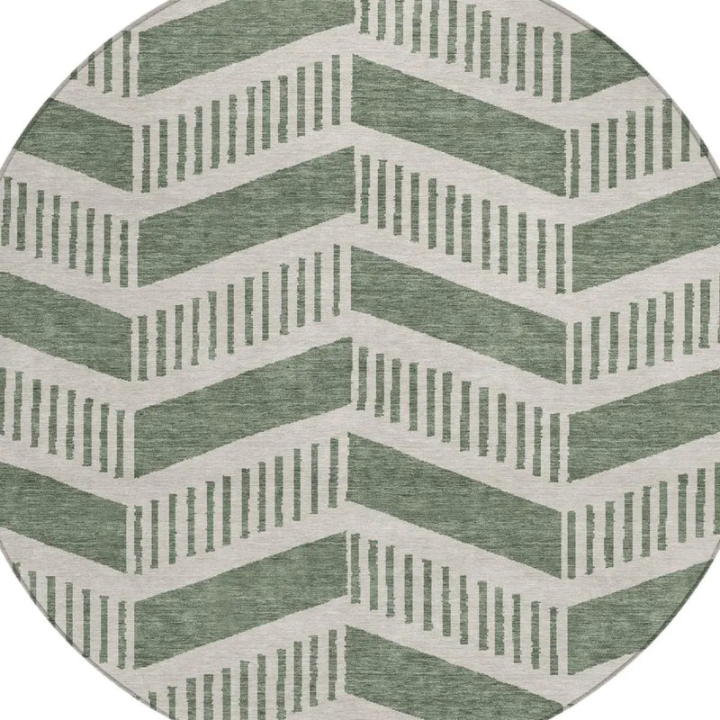 8' Green And Ivory Round Geometric Washable Indoor Outdoor Area Rug Homeroots Outdoor