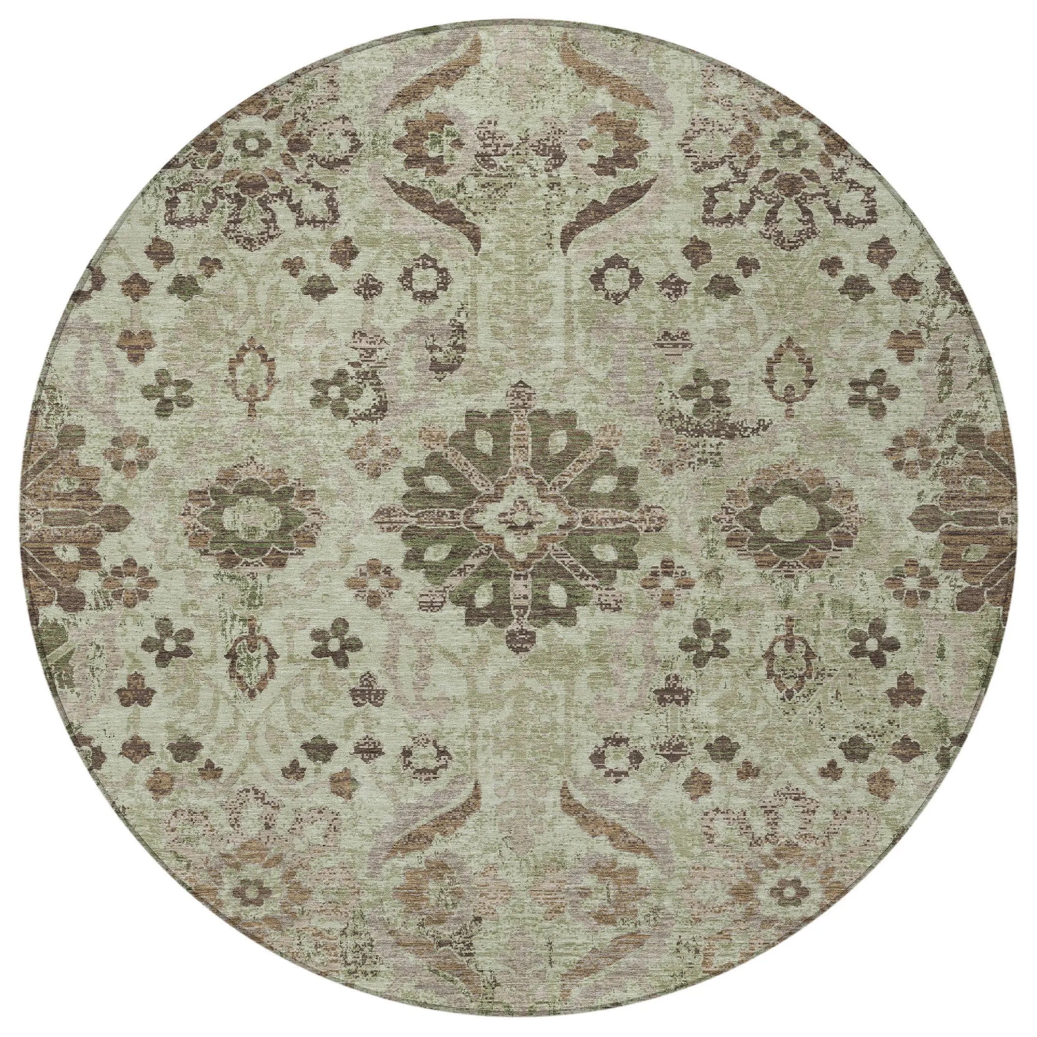 8' Green And Khaki Round Damask Washable Indoor Outdoor Area Rug Homeroots Outdoor