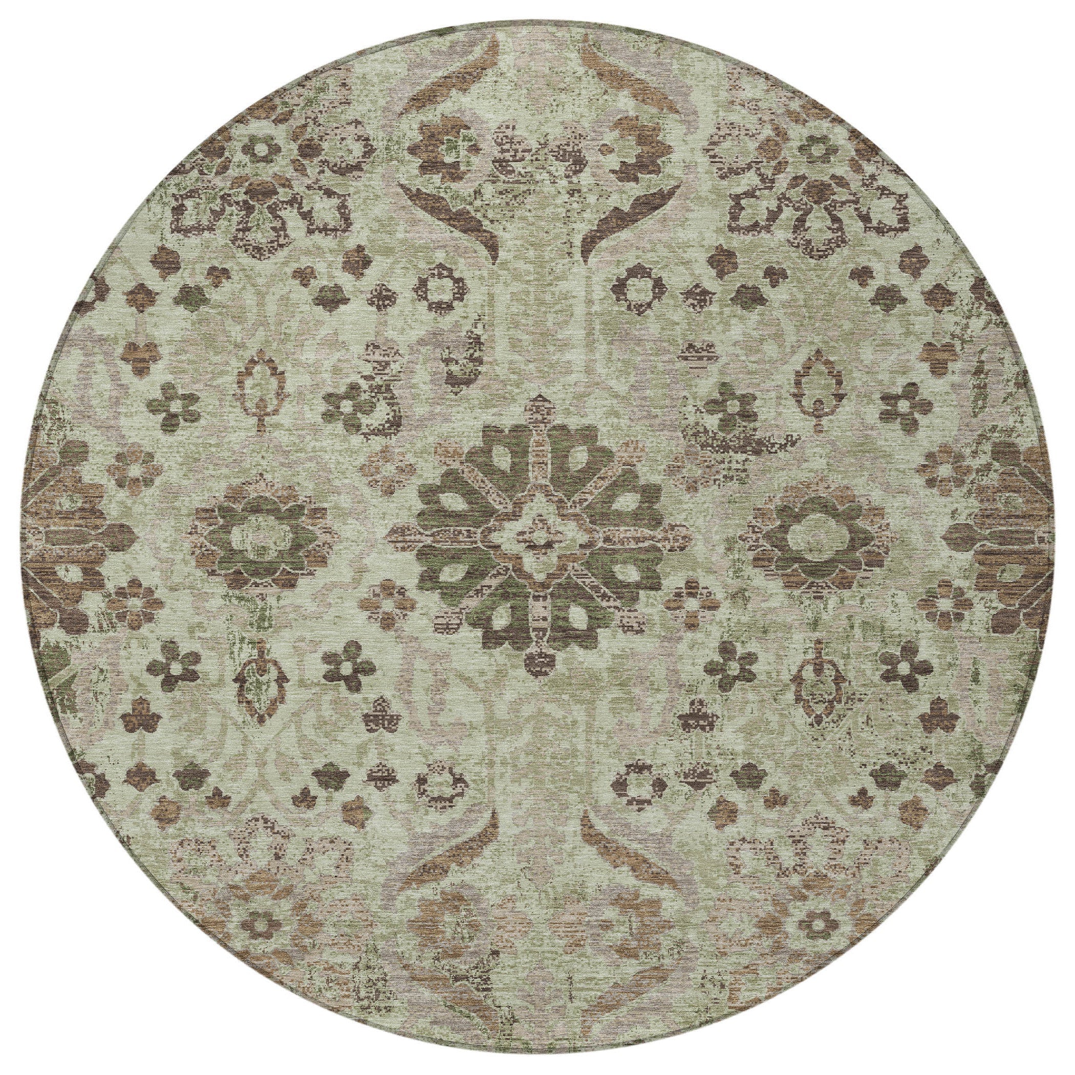 8' Green And Khaki Round Damask Washable Indoor Outdoor Area Rug Homeroots Outdoor