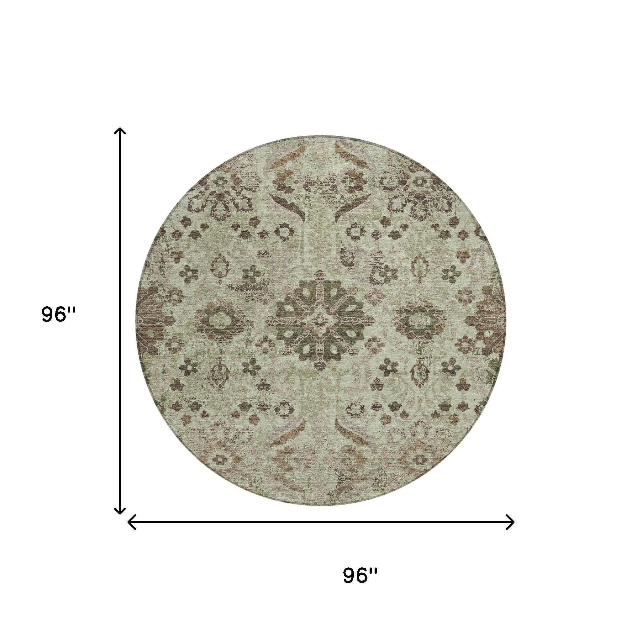 8' Green And Khaki Round Damask Washable Indoor Outdoor Area Rug Homeroots Outdoor