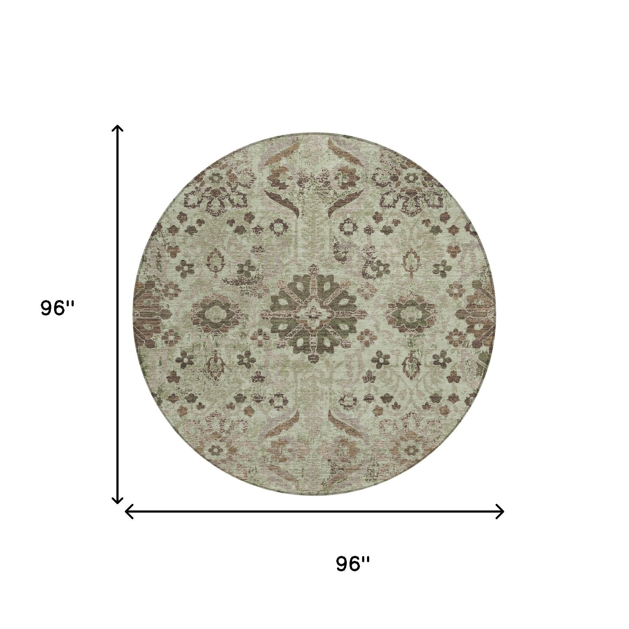 8' Green And Khaki Round Damask Washable Indoor Outdoor Area Rug Homeroots Outdoor