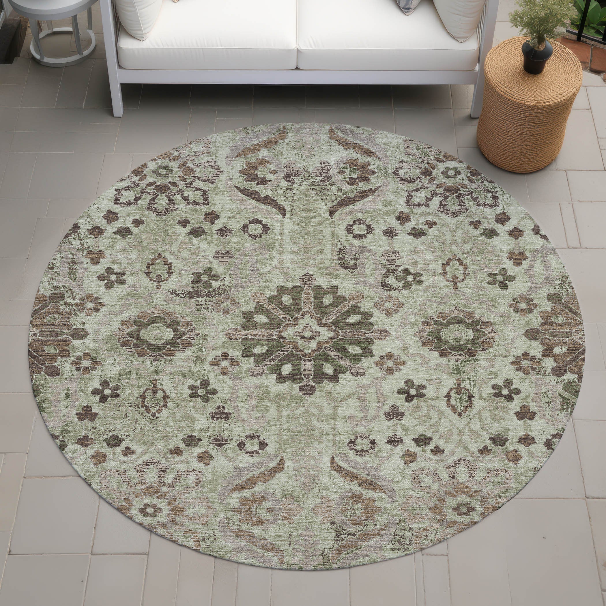 8' Green And Khaki Round Damask Washable Indoor Outdoor Area Rug Homeroots Outdoor