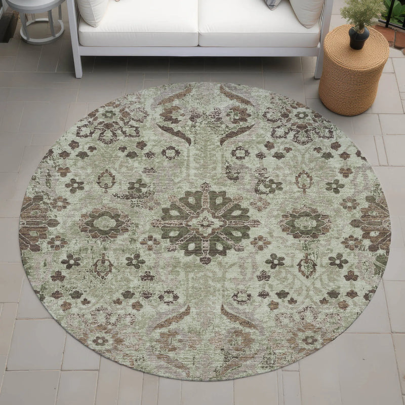 8' Green And Khaki Round Damask Washable Indoor Outdoor Area Rug Homeroots Outdoor