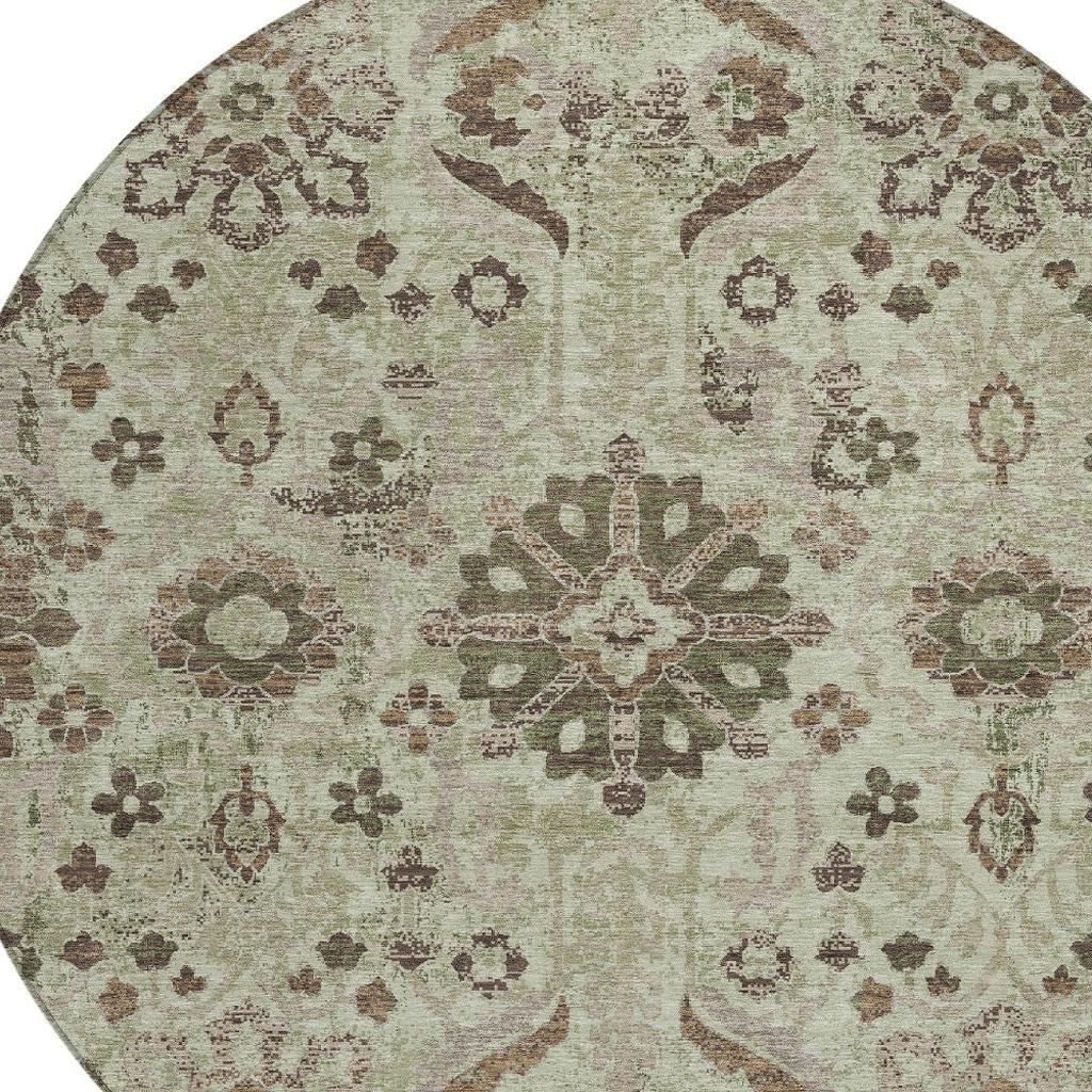 8' Green And Khaki Round Damask Washable Indoor Outdoor Area Rug Homeroots Outdoor