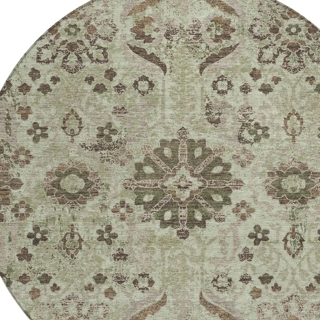 8' Green And Khaki Round Damask Washable Indoor Outdoor Area Rug Homeroots Outdoor