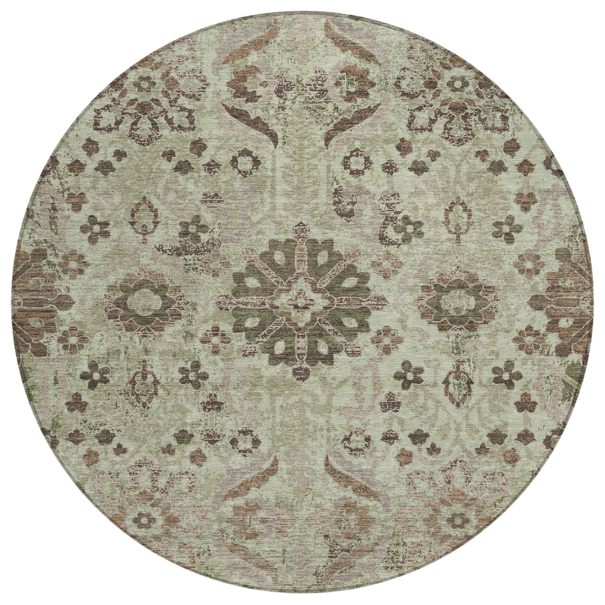 8' Green And Khaki Round Damask Washable Indoor Outdoor Area Rug Homeroots Outdoor