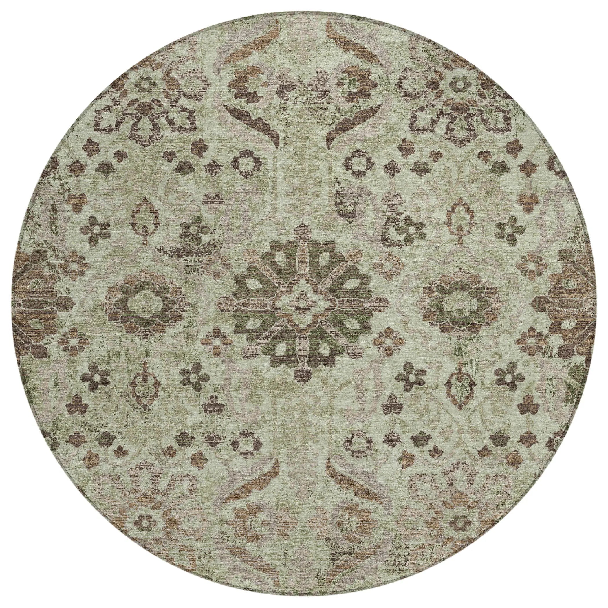 8' Green And Khaki Round Damask Washable Indoor Outdoor Area Rug Homeroots Outdoor
