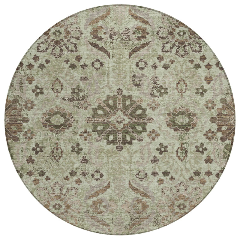 8' Green And Khaki Round Damask Washable Indoor Outdoor Area Rug Homeroots Outdoor