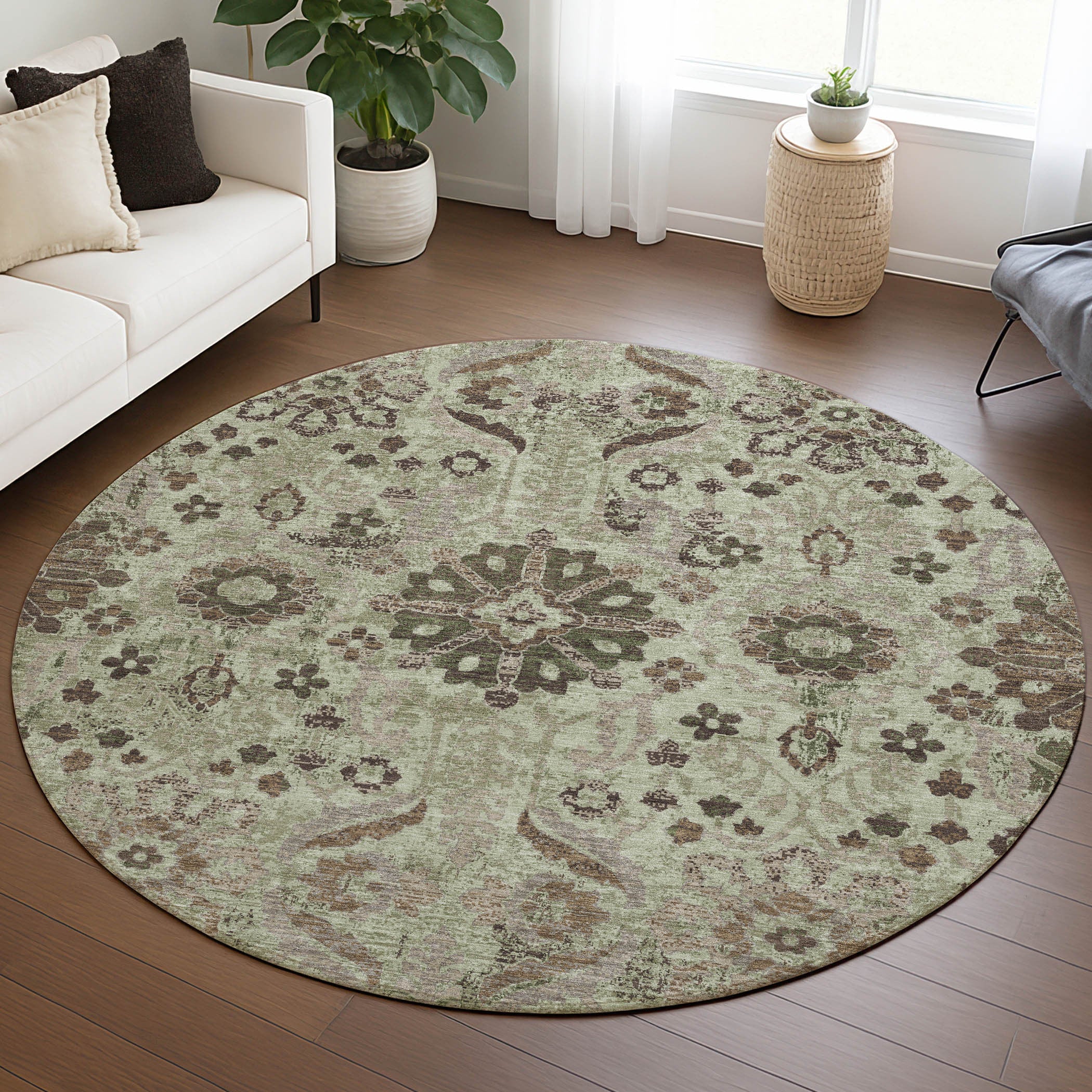 8' Green And Khaki Round Damask Washable Indoor Outdoor Area Rug Homeroots Outdoor