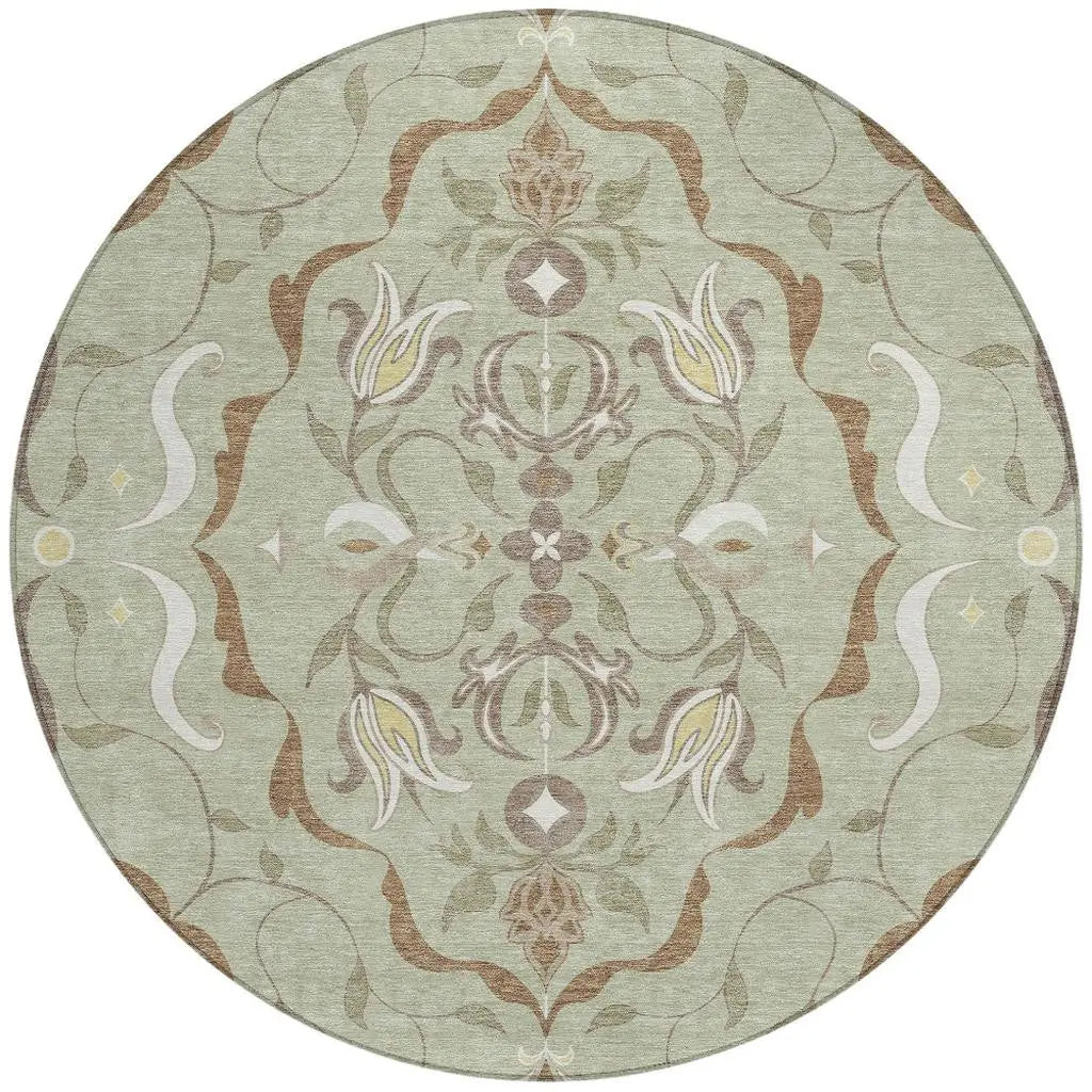 8' Green And Khaki Round Damask Washable Indoor Outdoor Area Rug Homeroots Outdoor