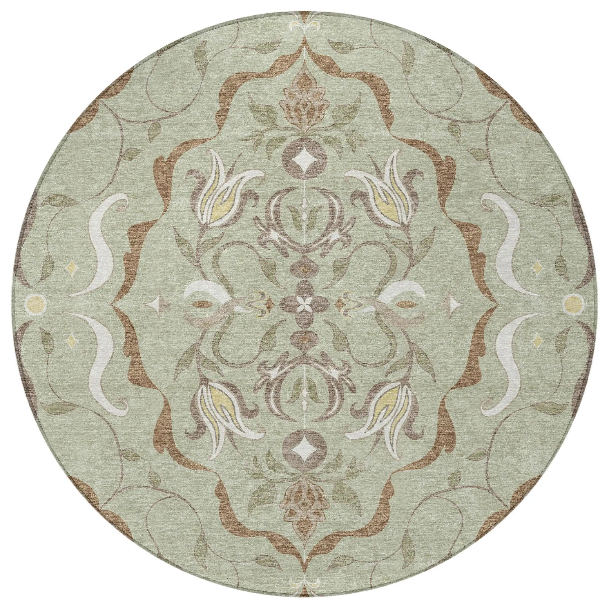 8' Green And Khaki Round Damask Washable Indoor Outdoor Area Rug Homeroots Outdoor
