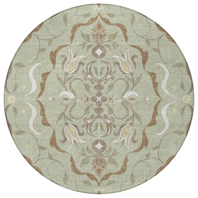 8' Green And Khaki Round Damask Washable Indoor Outdoor Area Rug Homeroots Outdoor