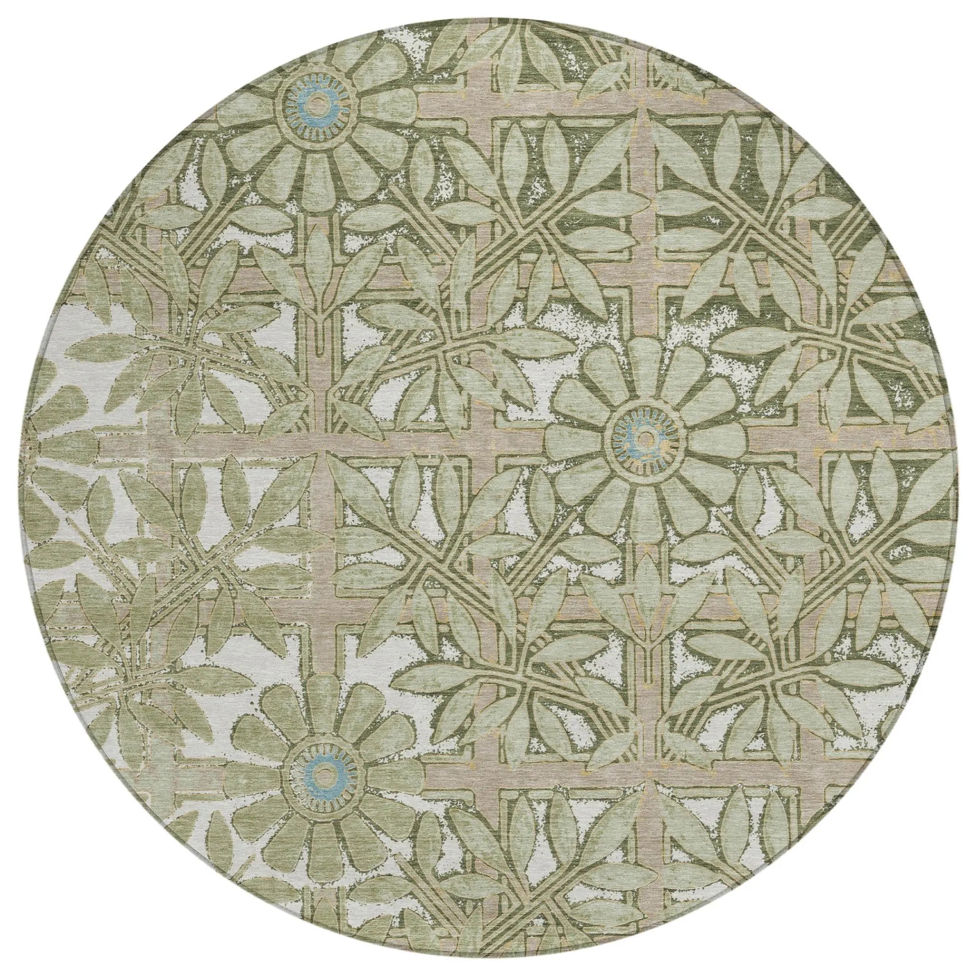 8' Green And Khaki Round Floral Washable Indoor Outdoor Area Rug Homeroots Outdoor