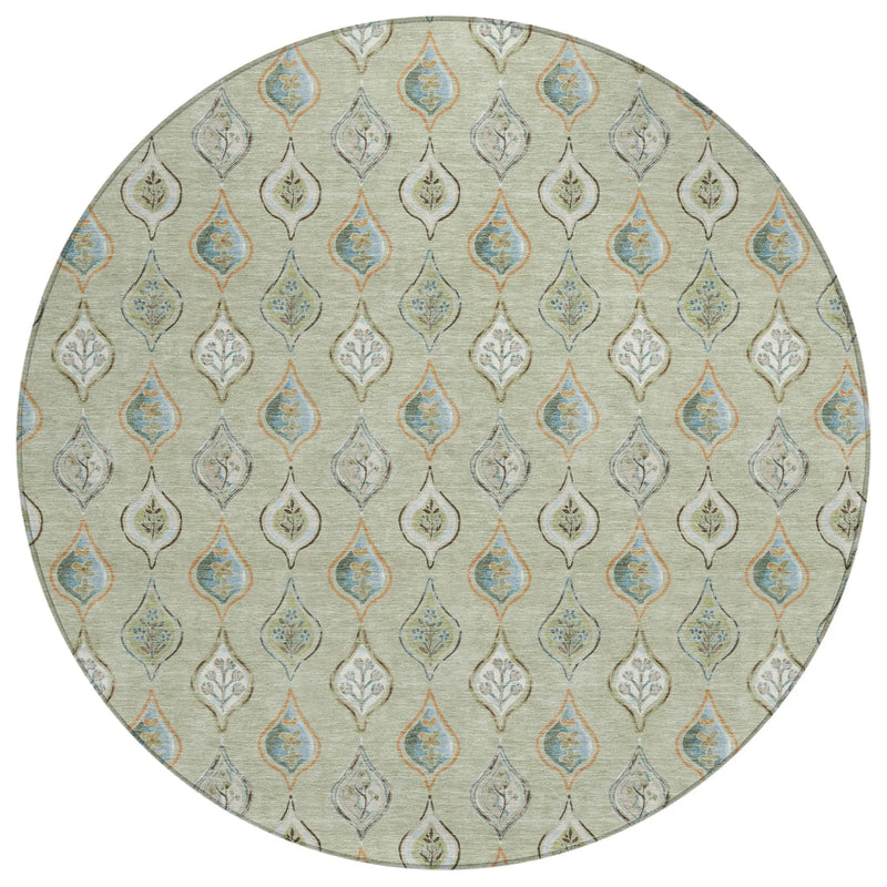 8' Green And Khaki Round Floral Washable Indoor Outdoor Area Rug Homeroots Outdoor