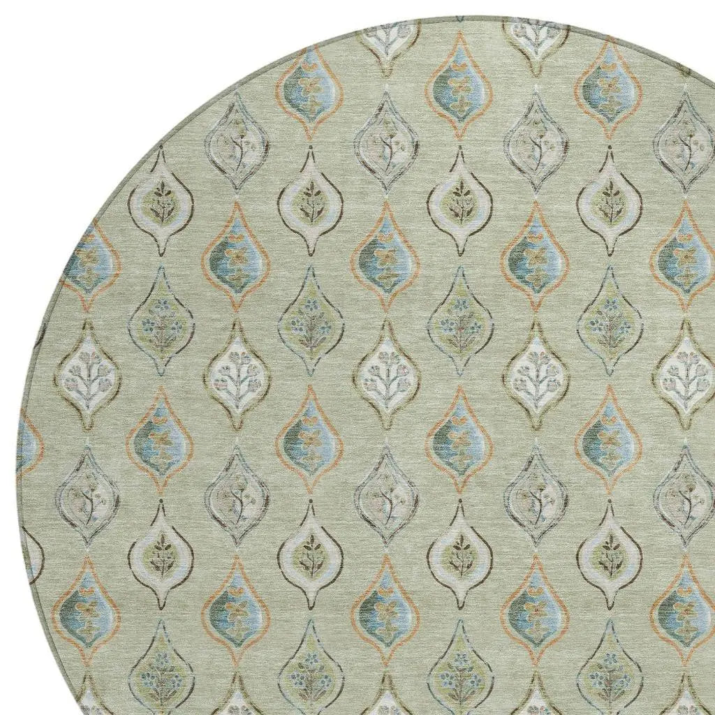 8' Green And Khaki Round Floral Washable Indoor Outdoor Area Rug Homeroots Outdoor