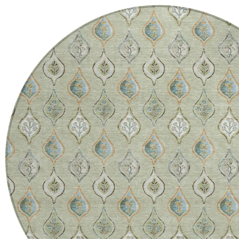 8' Green And Khaki Round Floral Washable Indoor Outdoor Area Rug Homeroots Outdoor