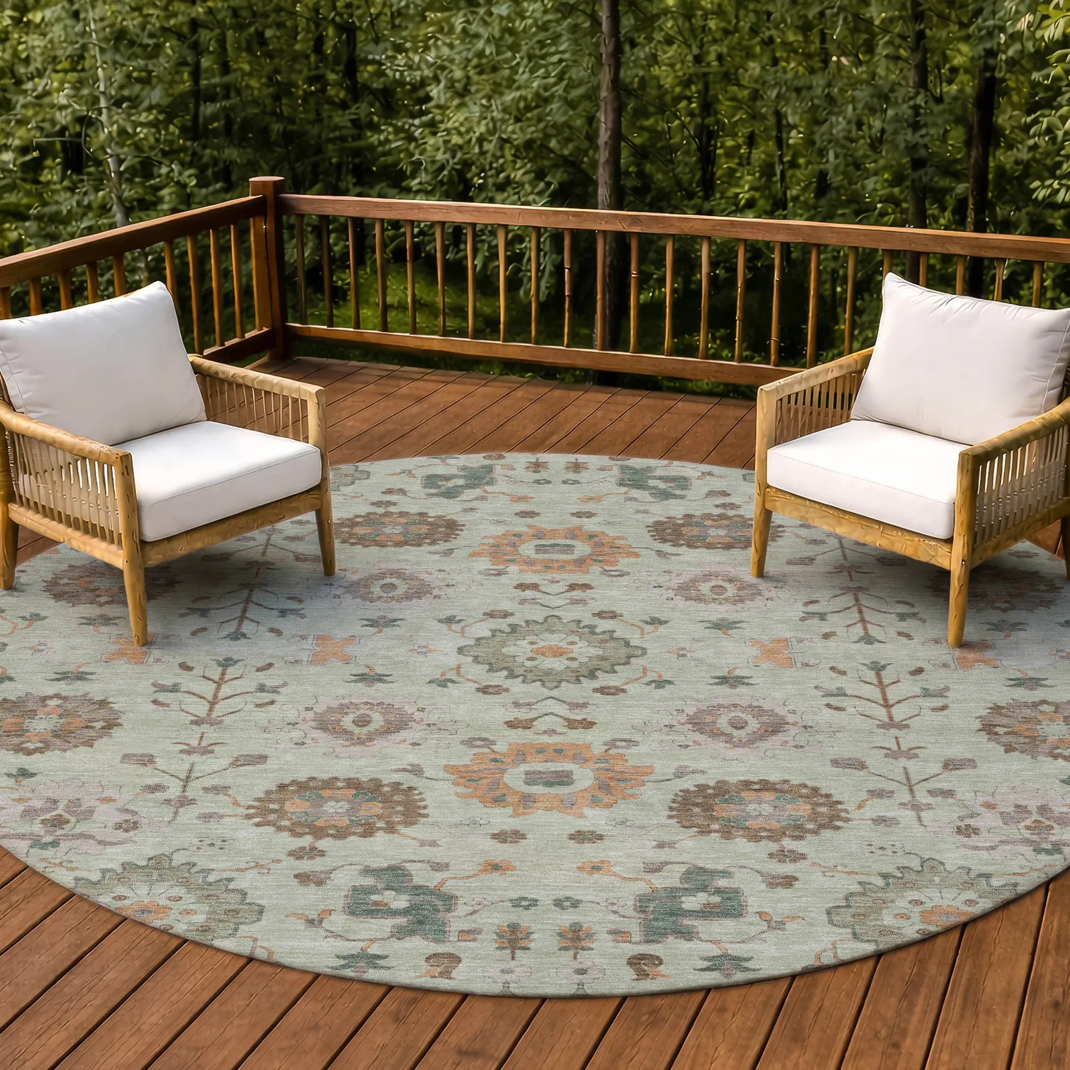 8' Green And Khaki Round Geometric Washable Indoor Outdoor Area Rug Homeroots Outdoor