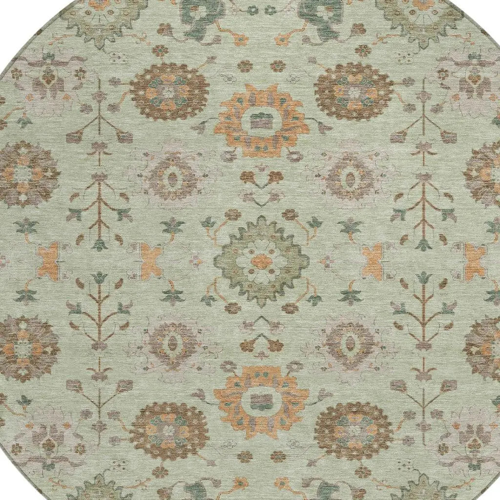 8' Green And Khaki Round Geometric Washable Indoor Outdoor Area Rug Homeroots Outdoor