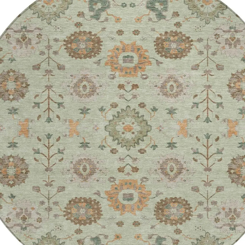 8' Green And Khaki Round Geometric Washable Indoor Outdoor Area Rug Homeroots Outdoor