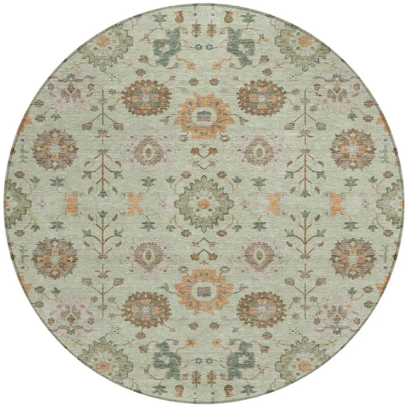 8' Green And Khaki Round Geometric Washable Indoor Outdoor Area Rug Homeroots Outdoor