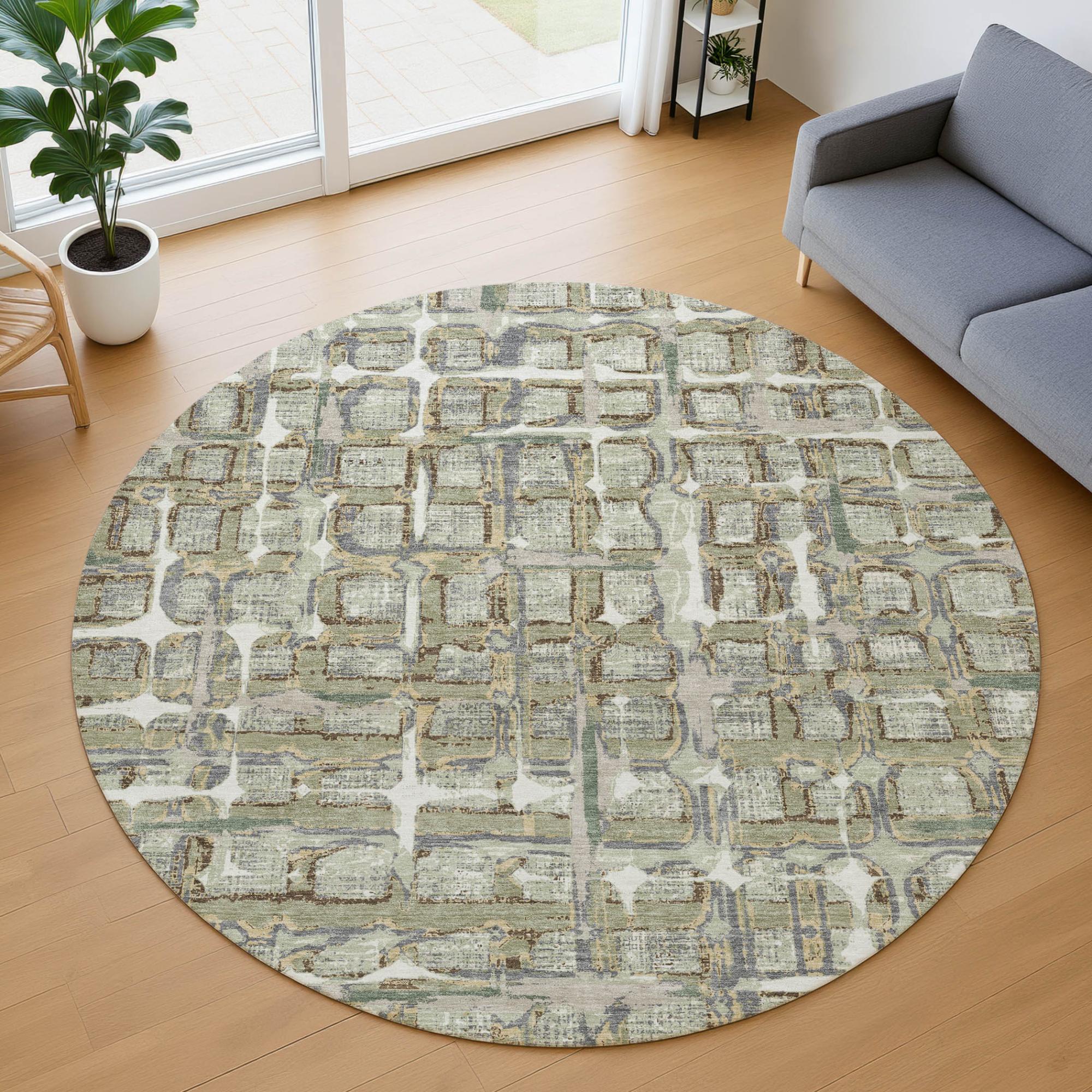 8' Green And Khaki Round Geometric Washable Indoor Outdoor Area Rug Homeroots Outdoor