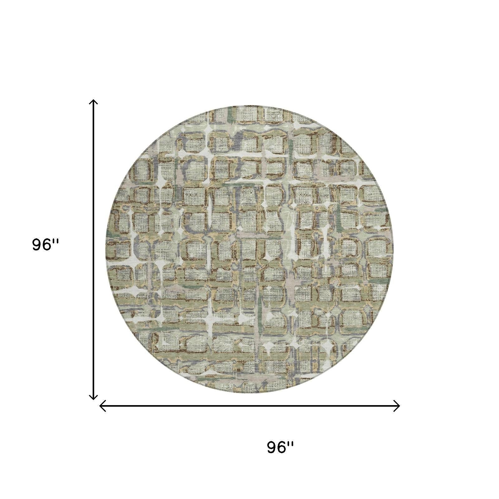 8' Green And Khaki Round Geometric Washable Indoor Outdoor Area Rug Homeroots Outdoor
