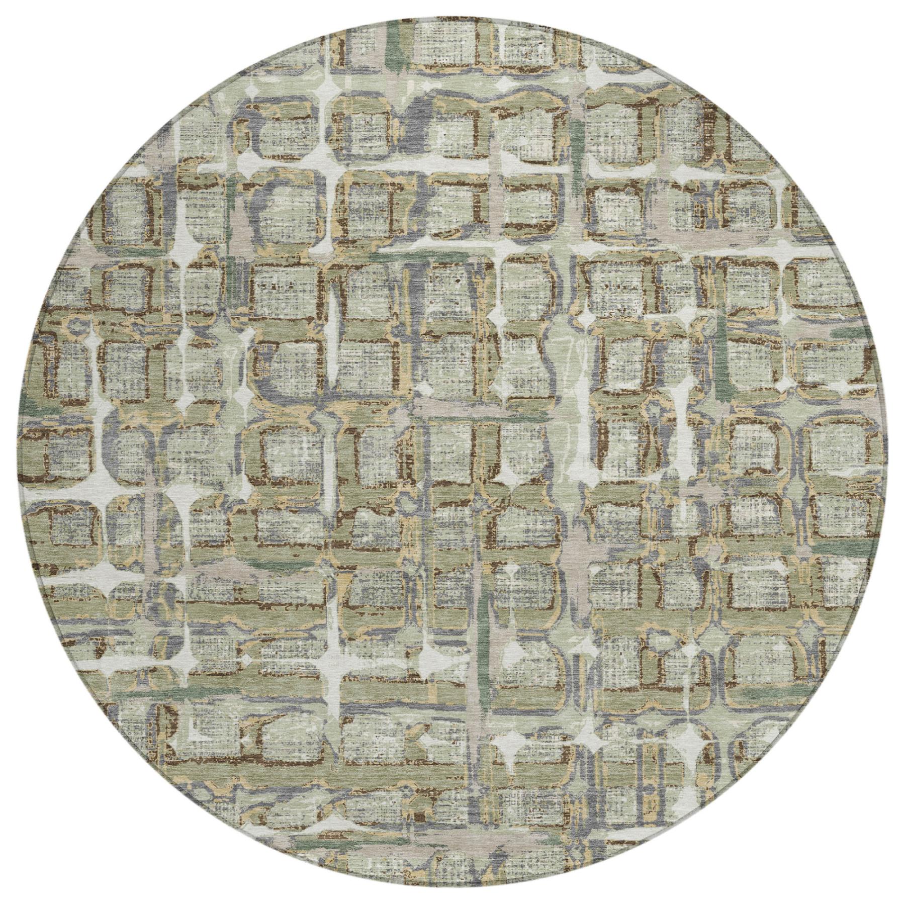 8' Green And Khaki Round Geometric Washable Indoor Outdoor Area Rug Homeroots Outdoor